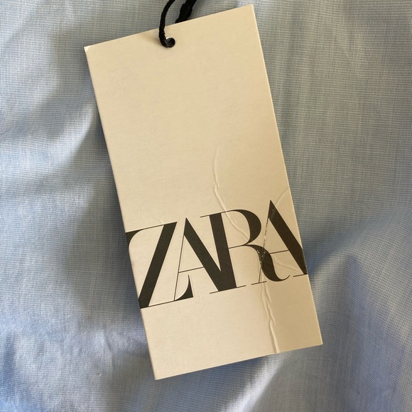 Zara Sky Blue Ruffle Button Up Blouse With Pearls - Picture 6 of 7